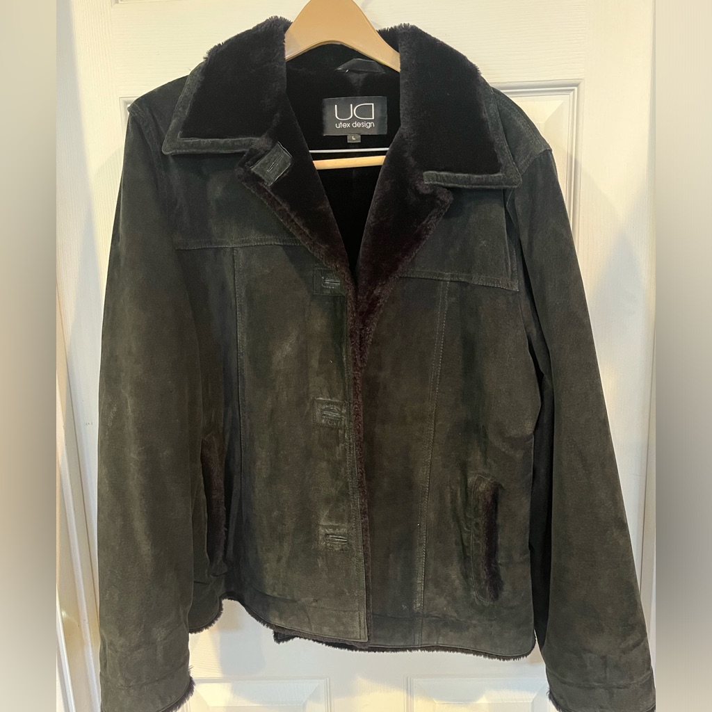Utex Design Womens Black Suede Leather Coat Faux Fur Lined Size Large